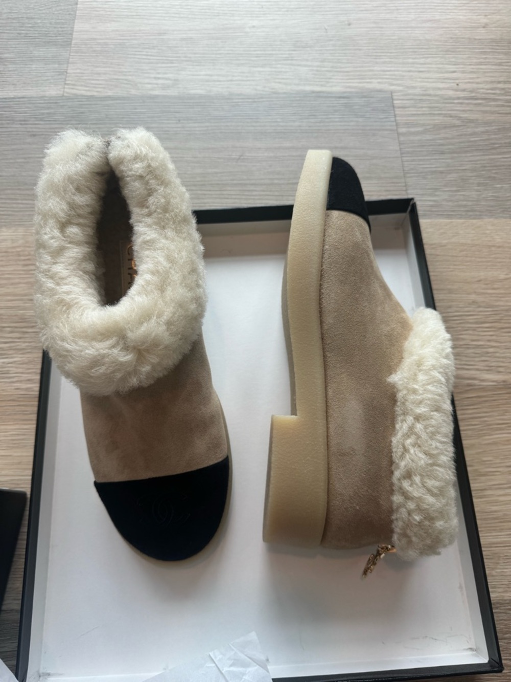 CHANEL Beige Suede Shearling Cuff Ankle Booties with Black Cap Toe